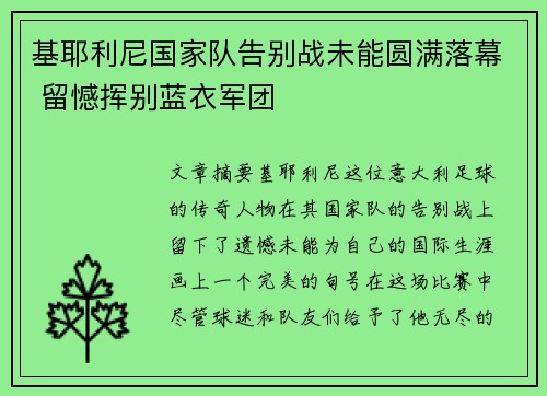 基耶利尼国家队告别战未能圆满落幕 留憾挥别蓝衣军团